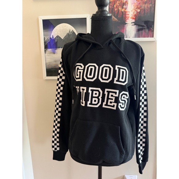 Rue21 Tops - rue21 Womens Good Vibes Graphic Hoodie Black Checkered Sleeve Sweatshirt Small